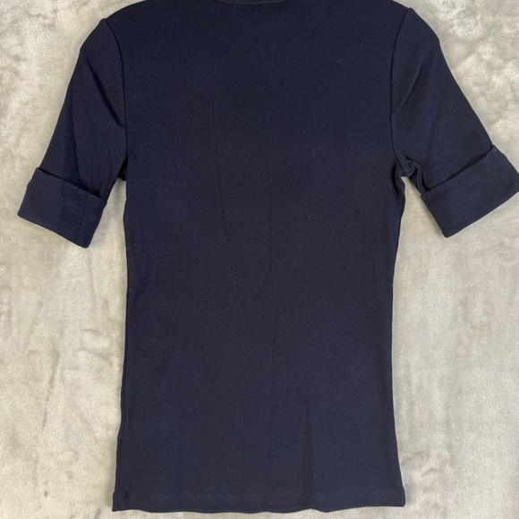 Y2K Lauren Ralph Lauren PS Navy  Ribbed‎ Top with Brown Quilted Shoulder Patch - Picture 2 of 7
